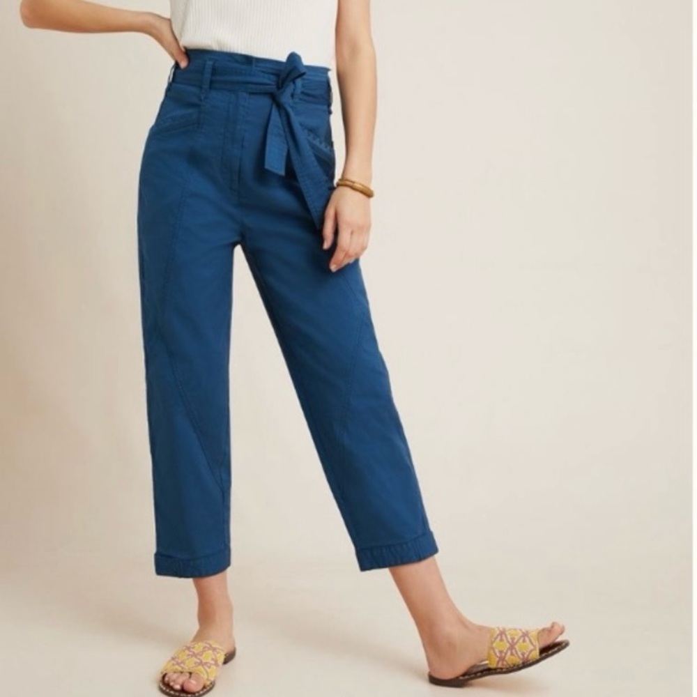 Anthropologie High Waist Tie Belt Utility Pants Size 0 Turquoise Cropped